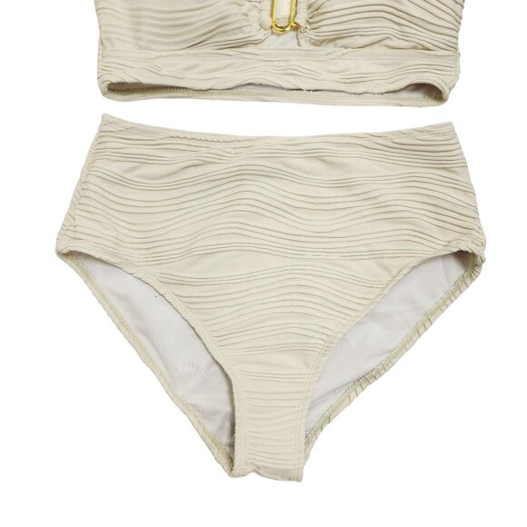 Two-Piece Beige Womens Textured Bikini Set High-Waisted Strappy Top Size M - Picture 4 of 5
